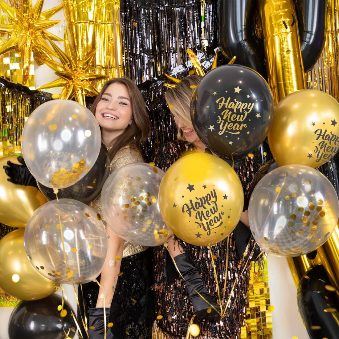 Baloane din latex Happy New Year, negru cu auriu, 6 bucăți