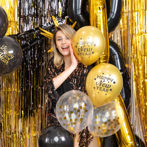Latexové balóny Happy New Year čierno zlaté 6 ks