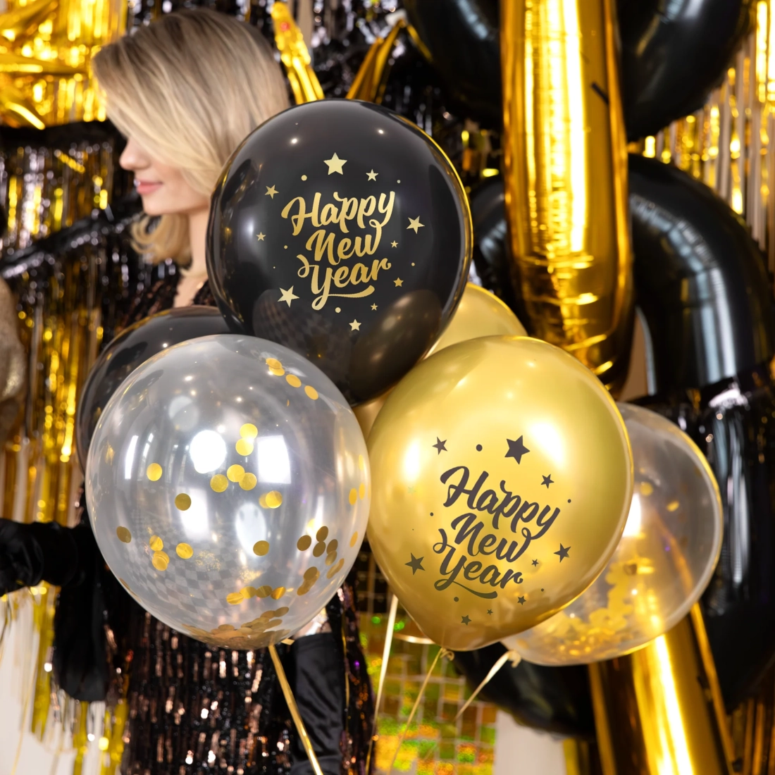 Baloane din latex Happy New Year, negru cu auriu, 6 bucăți