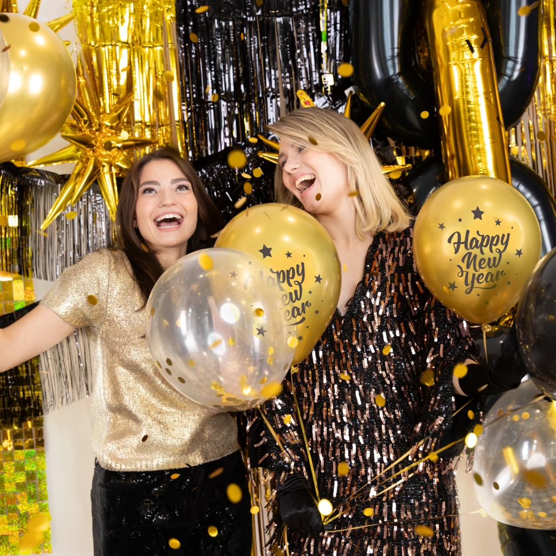 Baloane din latex Happy New Year, negru cu auriu, 6 bucăți