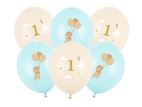 Baloane latex cu Mickey și cifra 1, pastel mix, 6 buc.