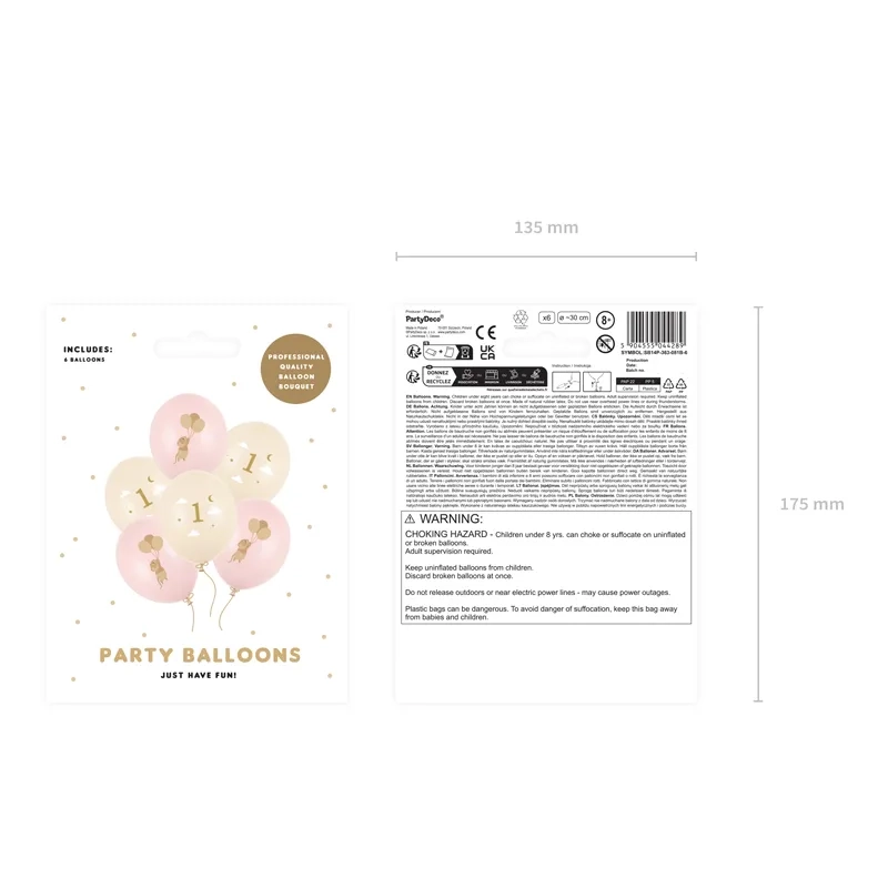 Latex lufik egérkékkel és 1-es számmal, pasztell rózsaszín, 6 db