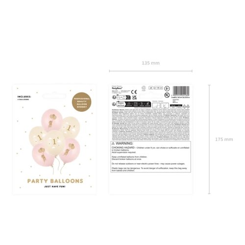 Baloane latex cu șoricel și cifra 1, roz pastel, 6 buc.