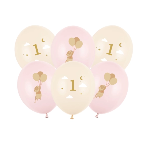 Baloane latex cu șoricel și cifra 1, roz pastel, 6 buc.
