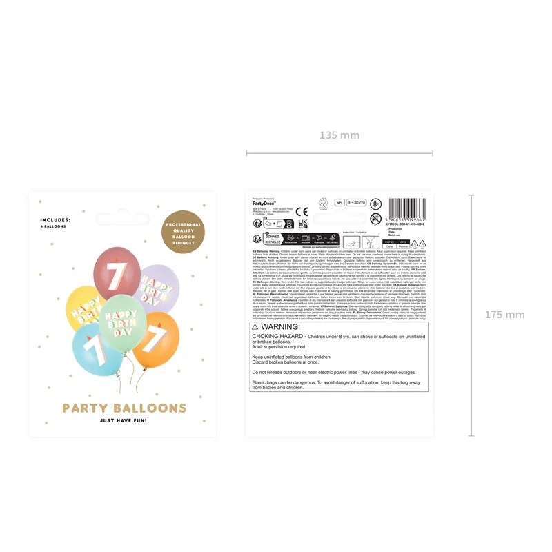 Lateks baloni s številko 7 pastel mix, 6 kos