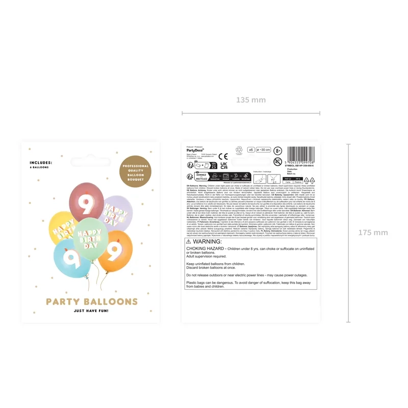 Lateks baloni s številko 9 pastel mix, 6 kos