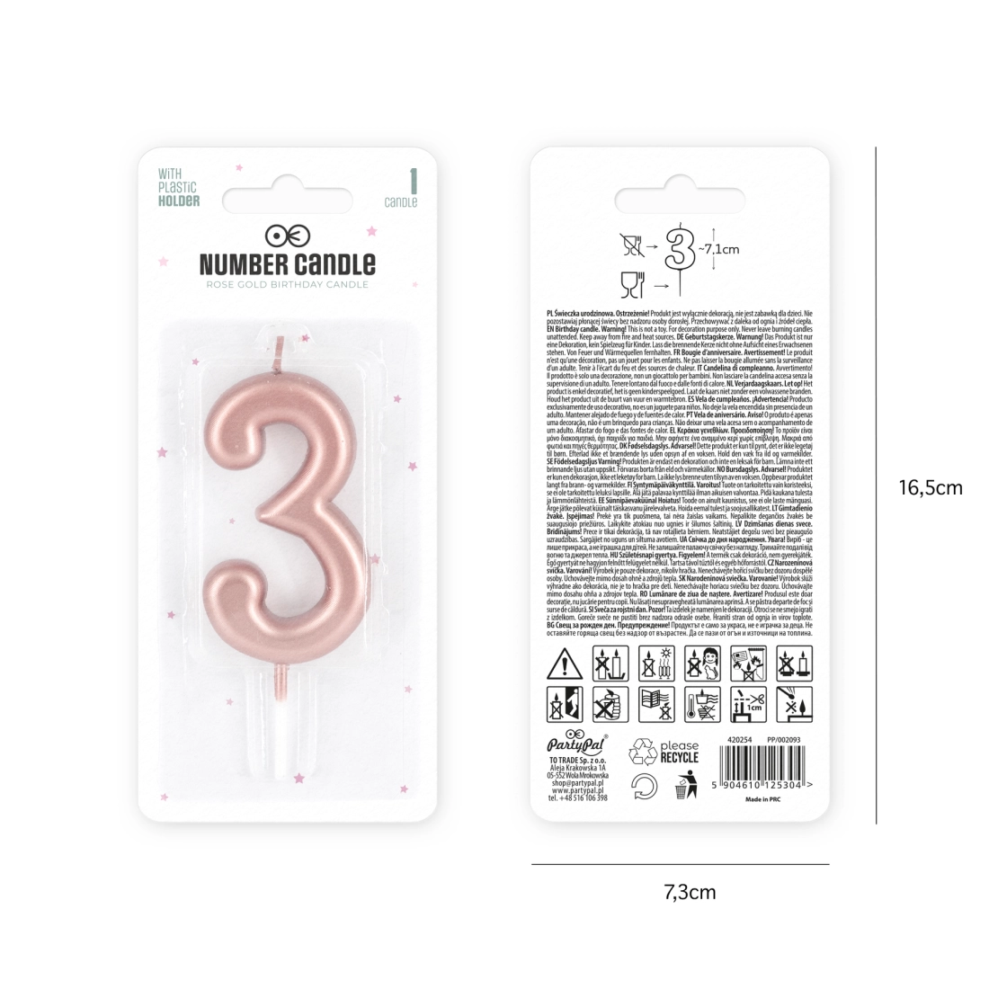 Lumânare lucioasă pentru tort, roz auriu, cifra 3