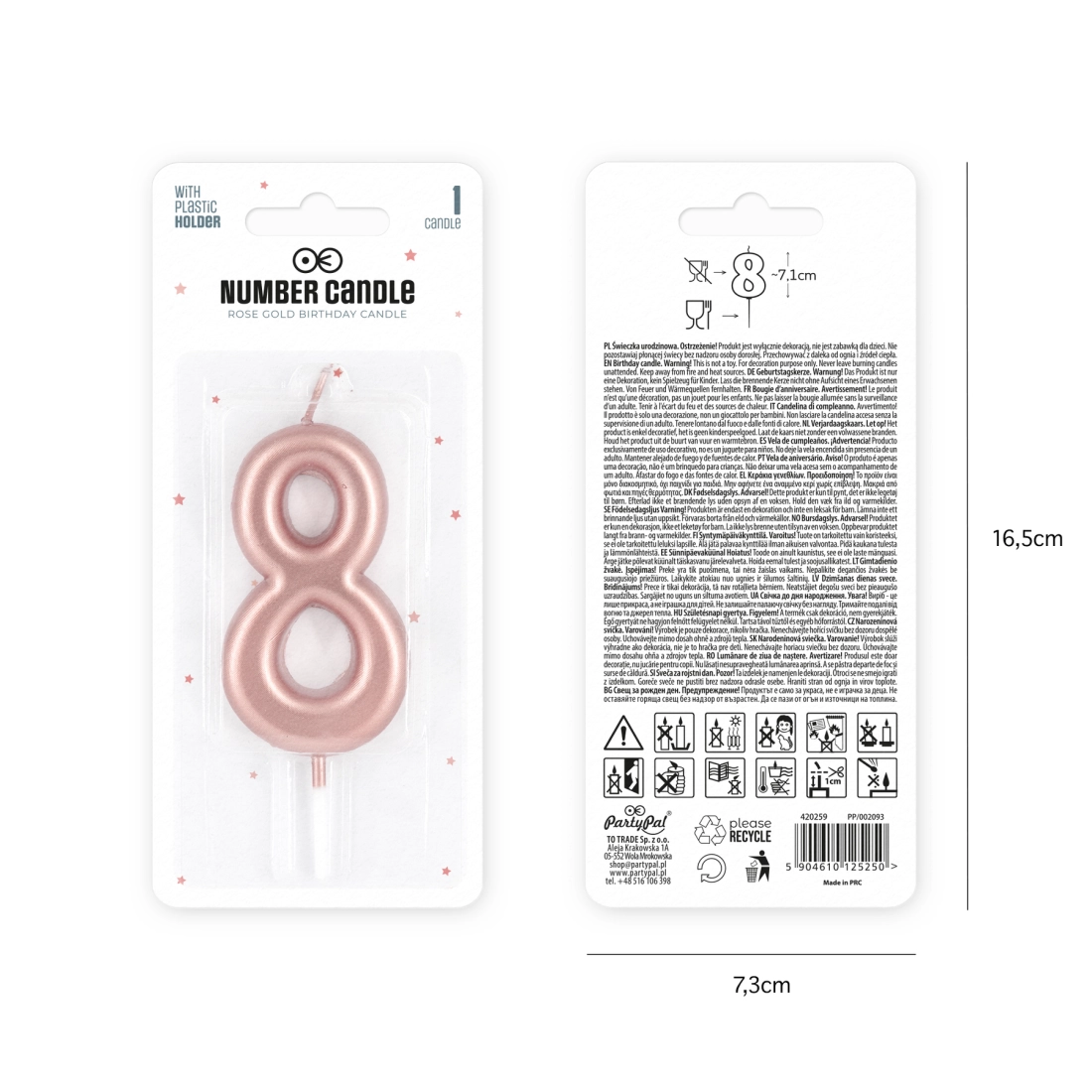 Lumânare pentru tort lucioasă, roz auriu, cifra 8