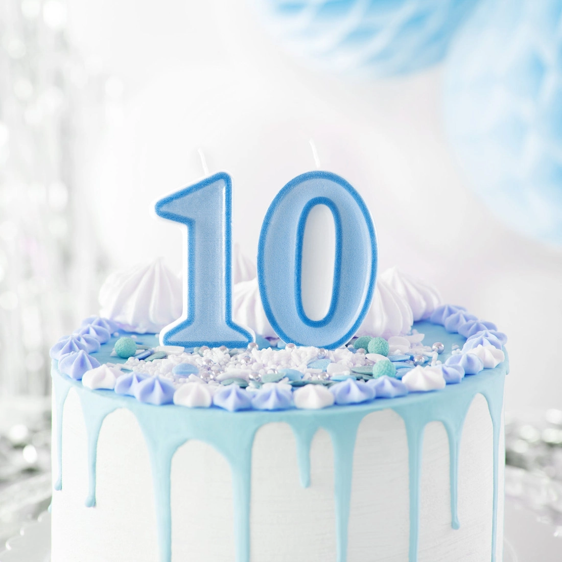 Lumânare de aniversare albastră, cifra 0, cu margine