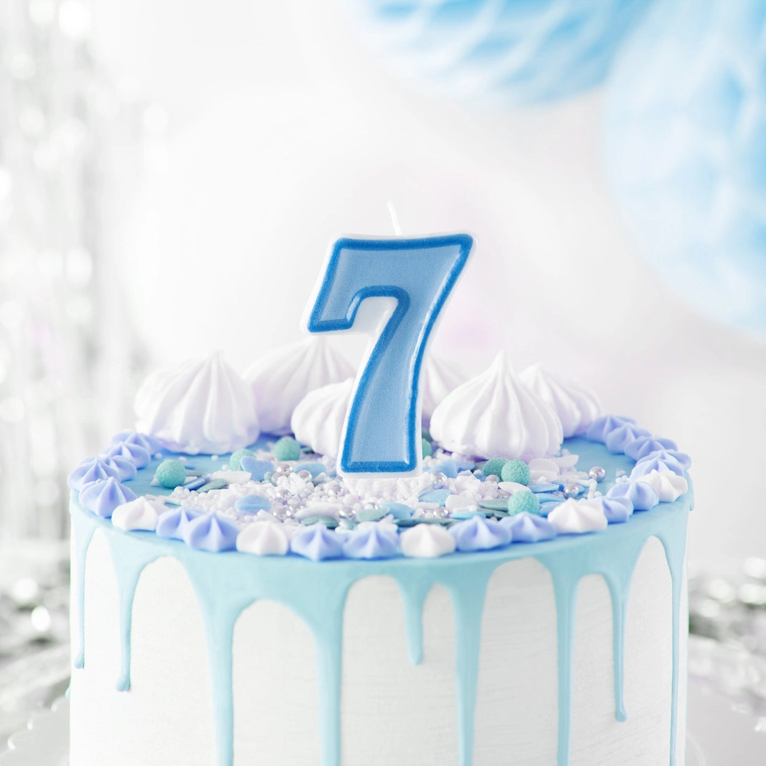 Lumânare albastră pentru aniversare, cifra 7, cu contur