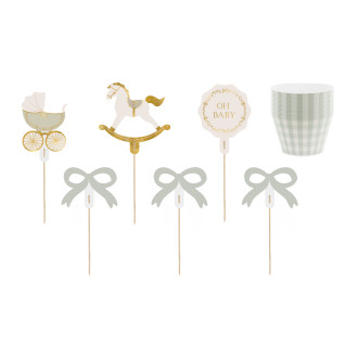Muffin set Oh Baby – zeleni košarice in dekoracije za baby shower, 6 kosov