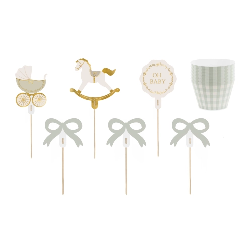 Muffin set Oh Baby – zelené košíčky a dekorácie na baby shower, 6 ks