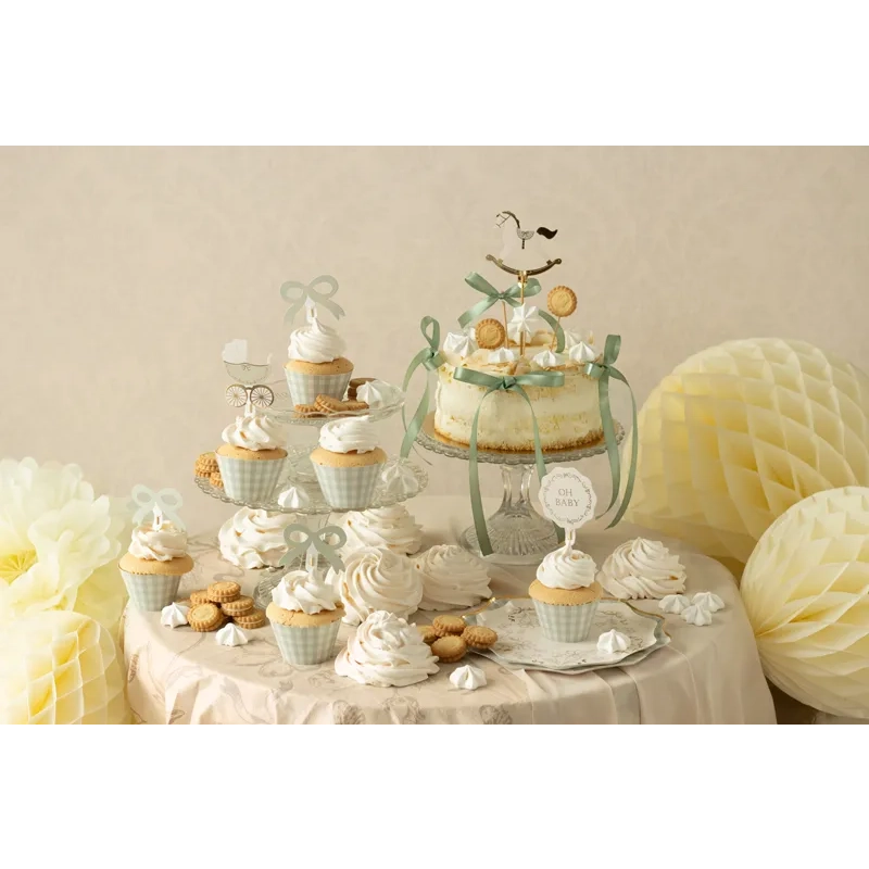 Set pentru brioșe Oh Baby – coșulețe verzi și decorațiuni pentru baby shower, 6 buc.