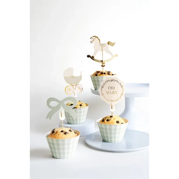 Set pentru brioșe Oh Baby – coșulețe verzi și decorațiuni pentru baby shower, 6 buc.