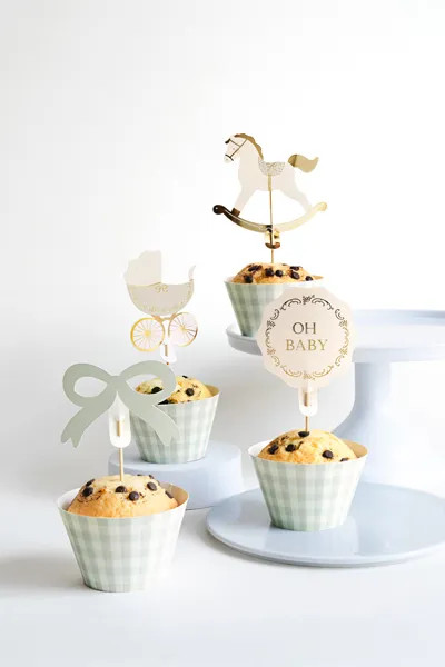 Muffin set Oh Baby – zeleni košarice in dekoracije za baby shower, 6 kosov