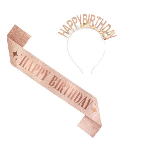Set eșarfă aniversară și bentiță Happy Birthday rose gold