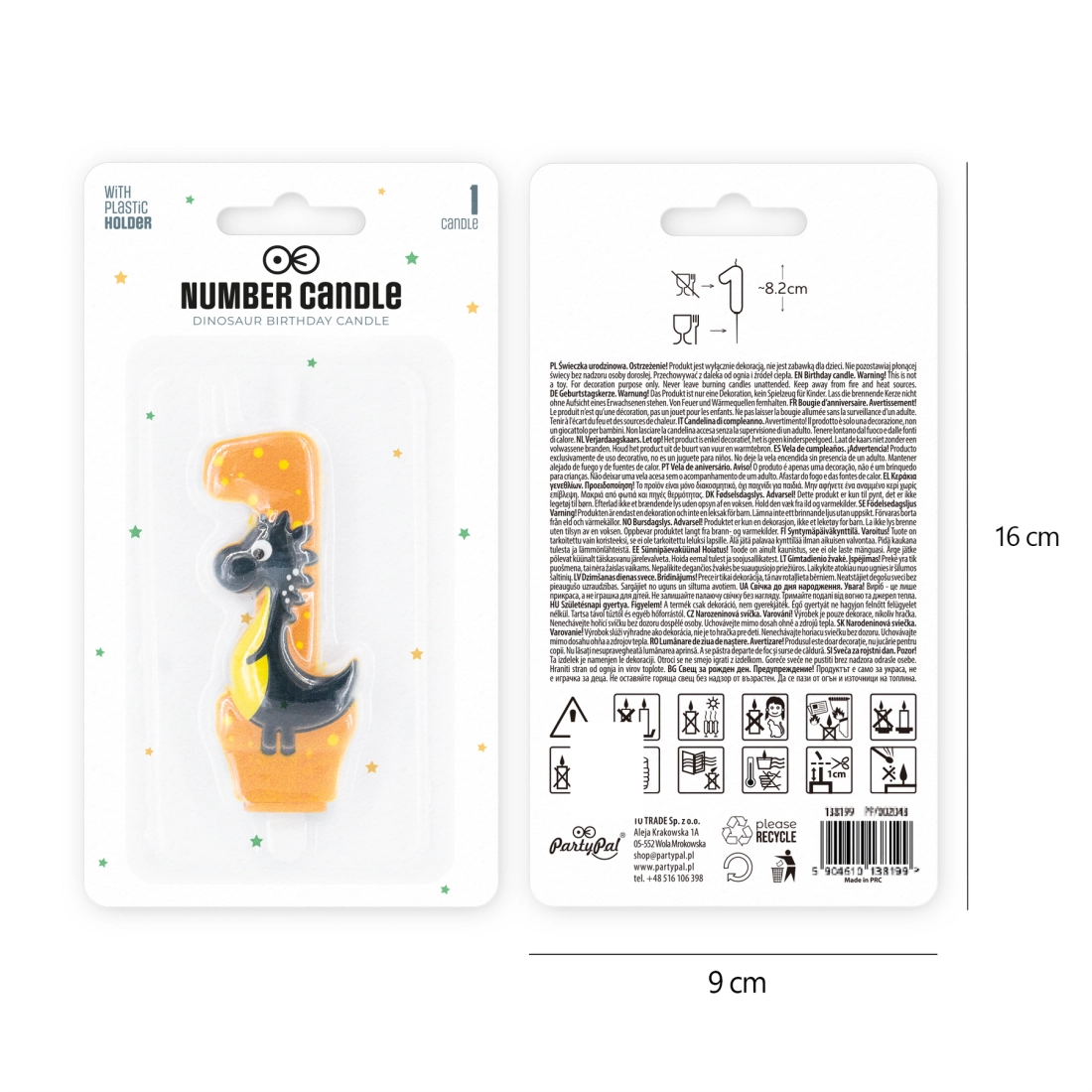 Szülinapi gyertya dinoszaurusz, 1-es szám, 8 cm
