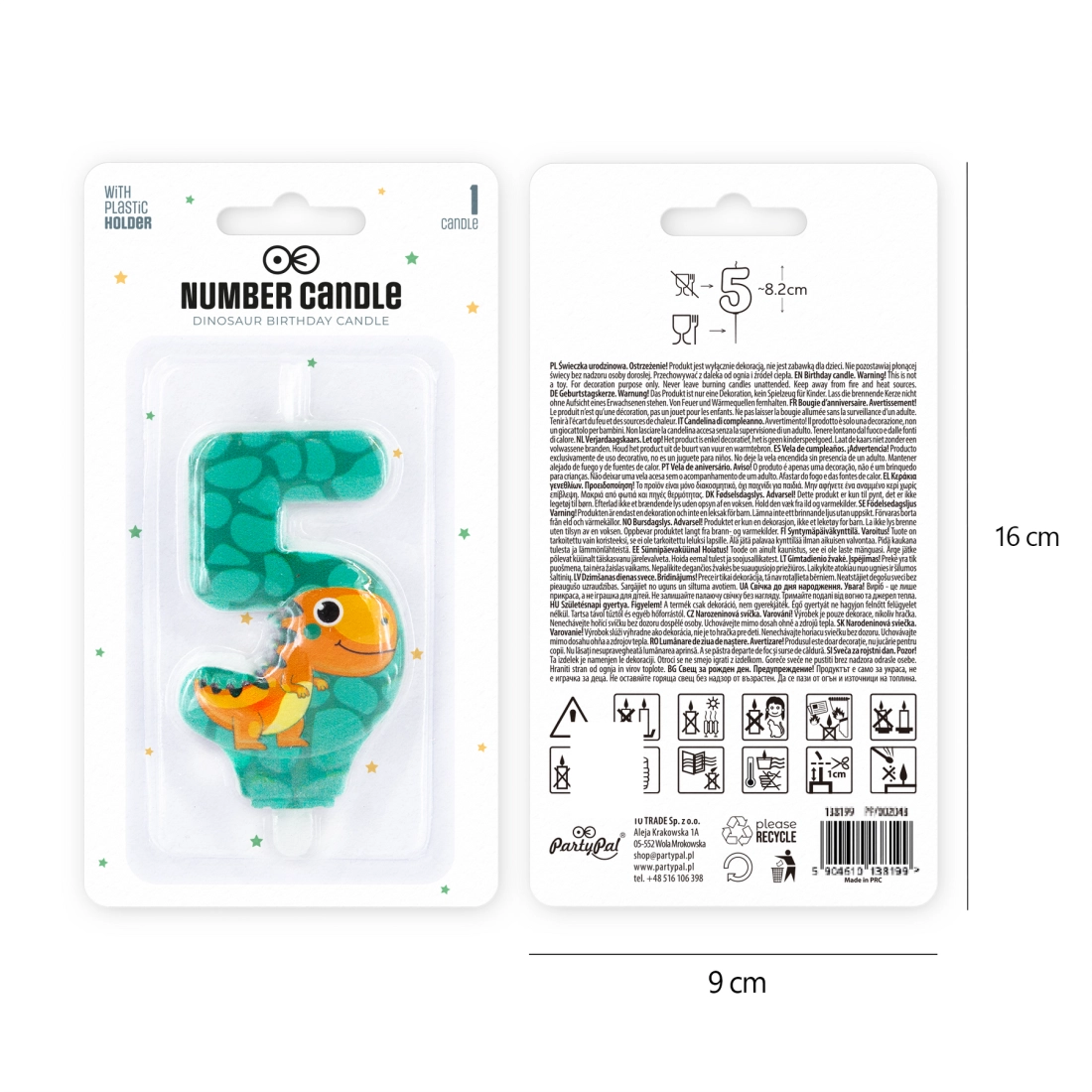 Lumânare aniversară dinozaur, cifra 5, 8 cm