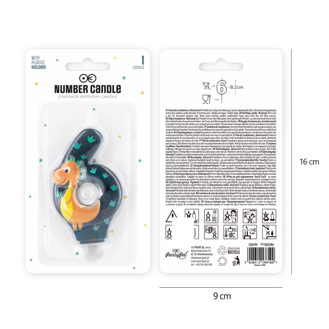 Lumânare de aniversare dinozaur numărul 6, 8 cm