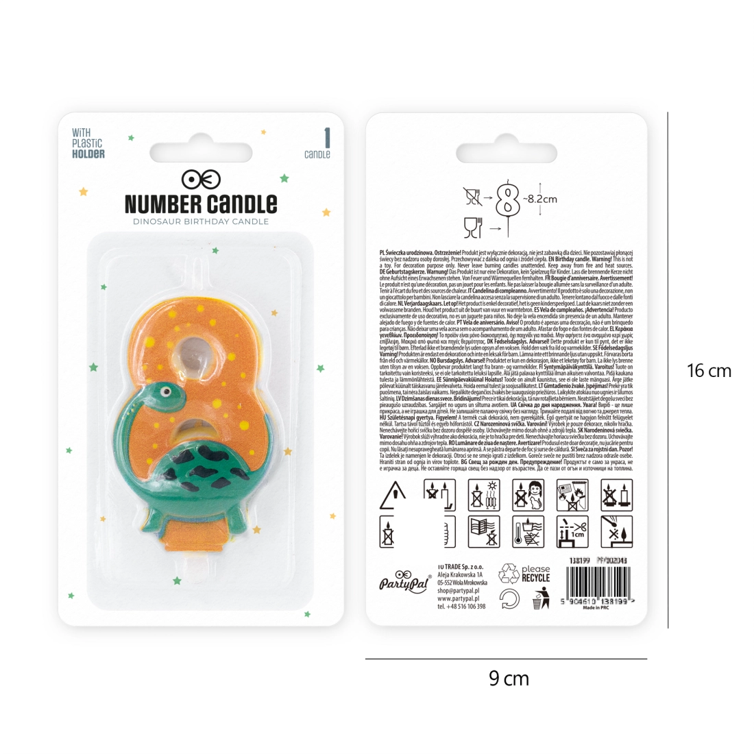 Lumânare de aniversare dinozaur, cifra 8, 8 cm