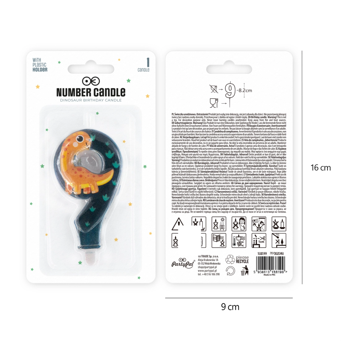 Lumânare de aniversare dinozaur, cifra 9, 8 cm