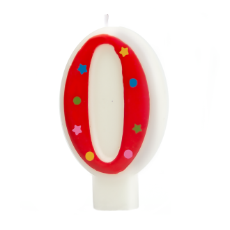 Rojstnodnevna sveča v obliki številke 0 – rdeč rob, barvne zvezdice