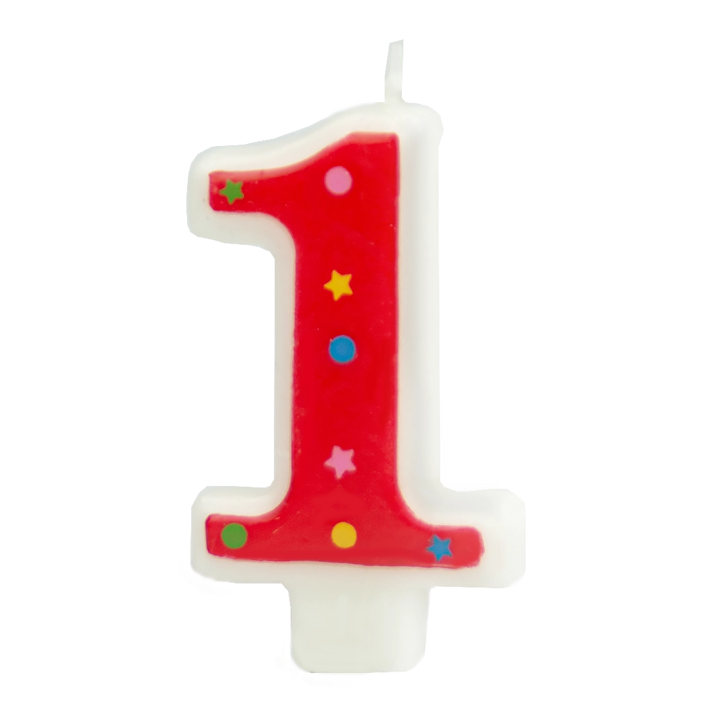 Lumânare aniversară în formă de cifră 1 – contur roșu, steluțe colorate