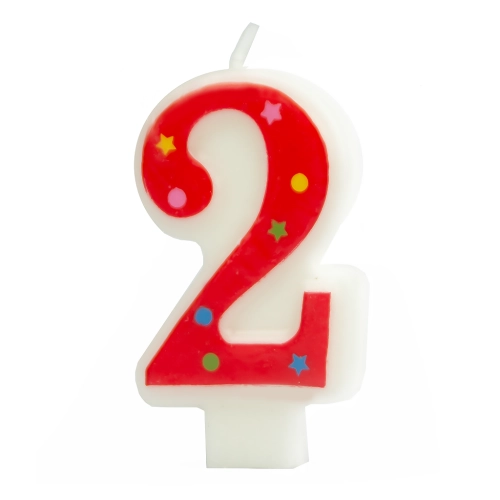 Lumânare de aniversare în formă de cifră 2 – contur roșu, steluțe colorate