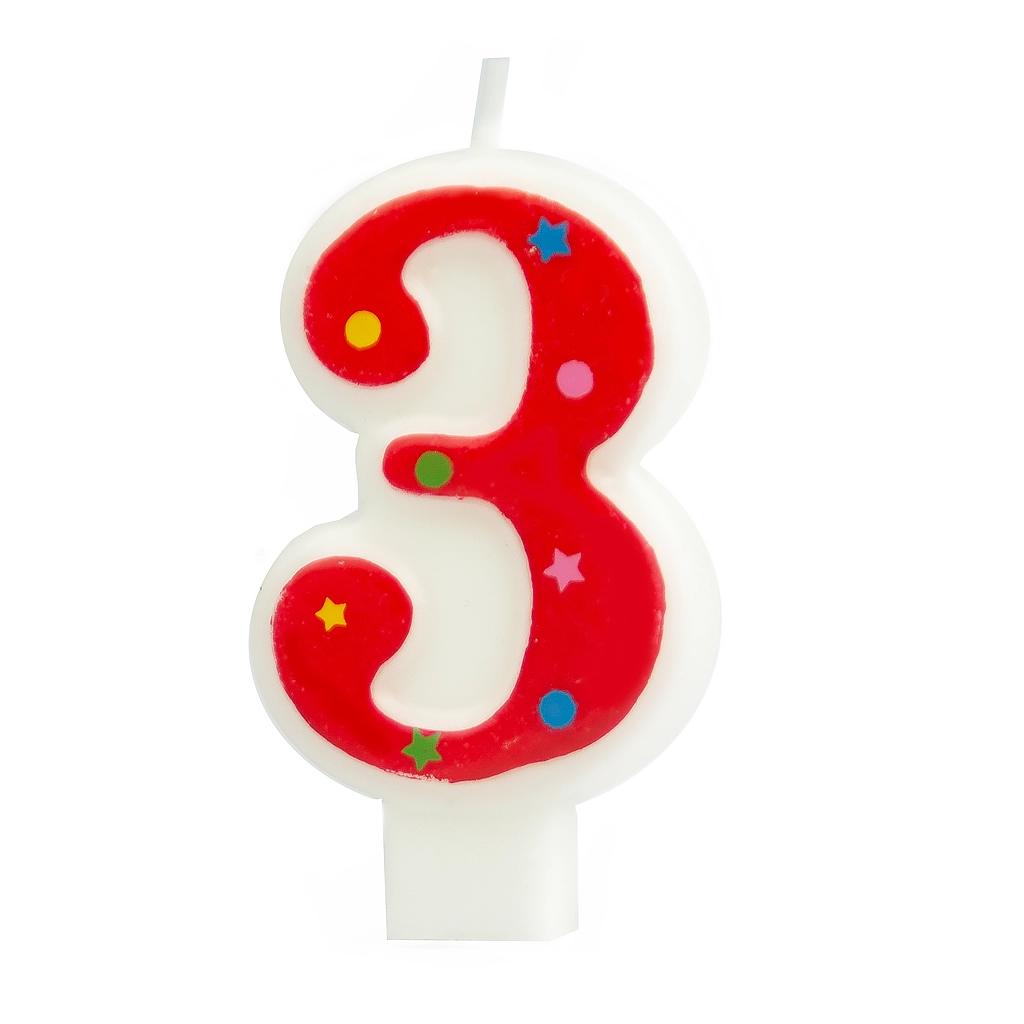 Lumânare de aniversare în formă de cifra 3 – contur roșu, steluțe colorate