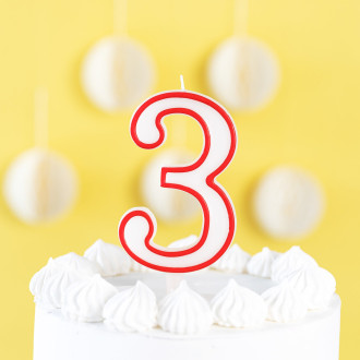 Rojstnodnevna sveča v obliki števila 3 – rdeč rob, 13 cm