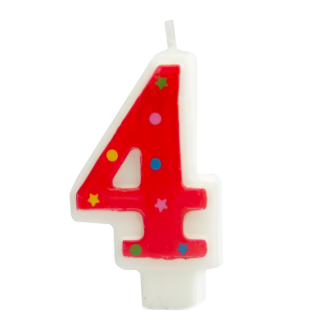 Rojstnodnevna sveča v obliki številke 4 – rdeč rob, barvne zvezdice