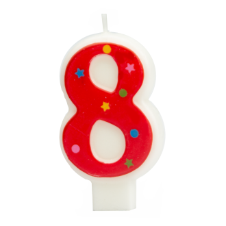 Rojstnodnevna sveča v obliki številke 8 – rdeč rob, barvne zvezdice