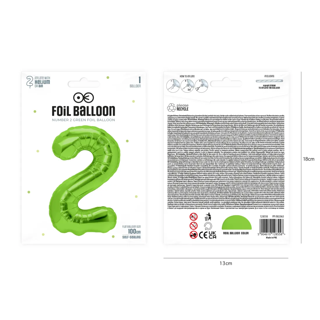 Szülinapi lufiszám 2, zöld, 100 cm