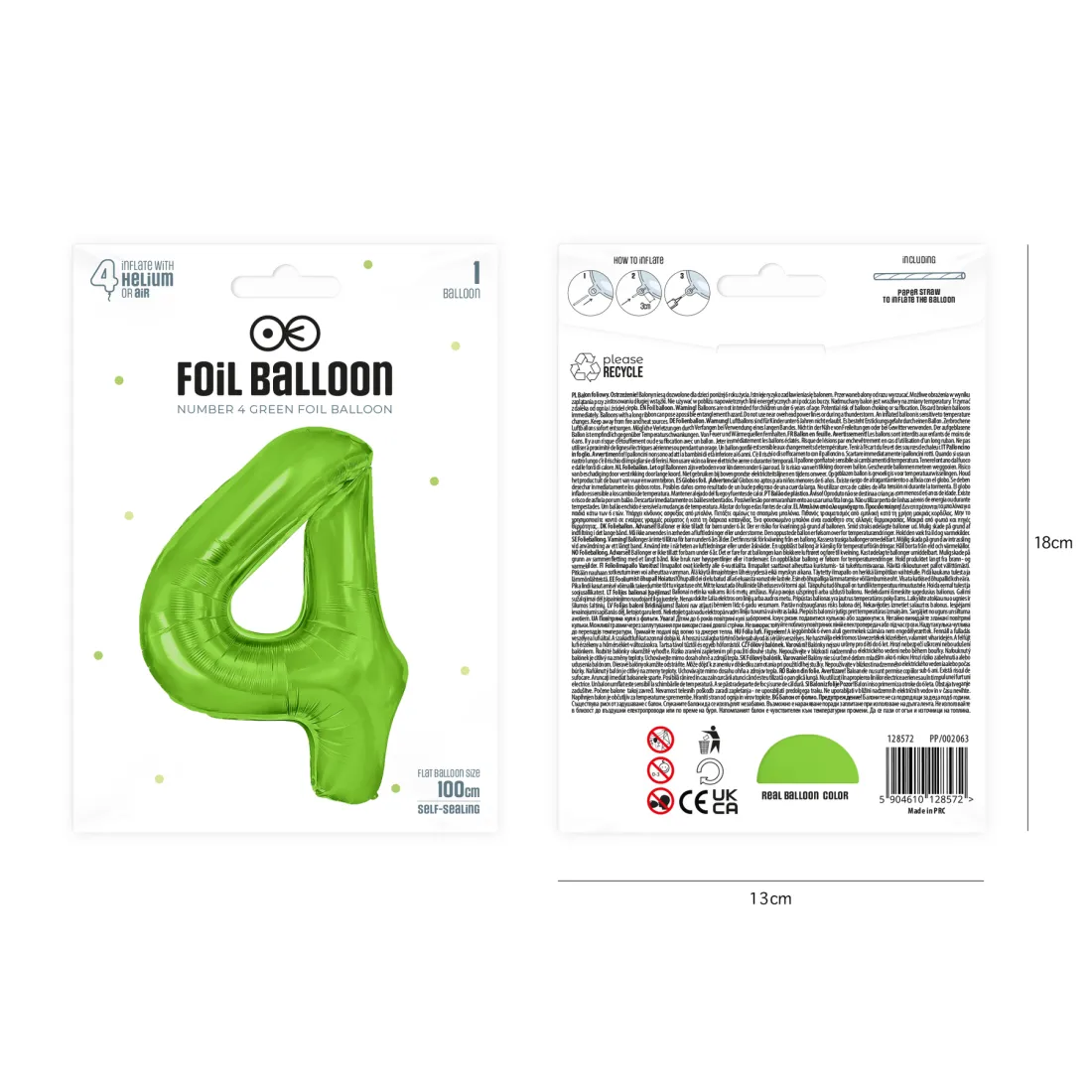 Szülinapi lufi, 4-es szám, zöld, 100 cm