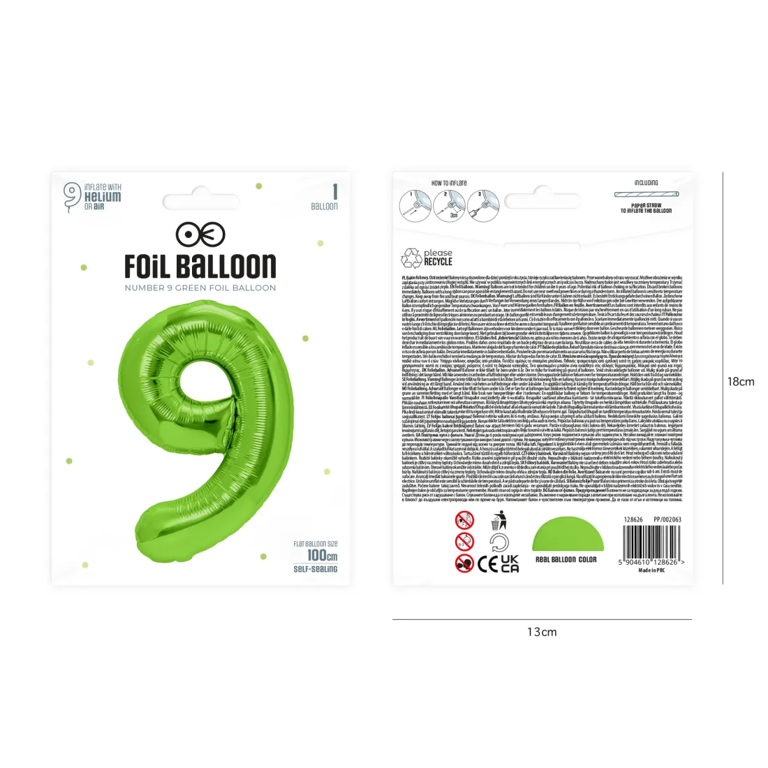 Balon aniversar cifră 9, verde, 100 cm