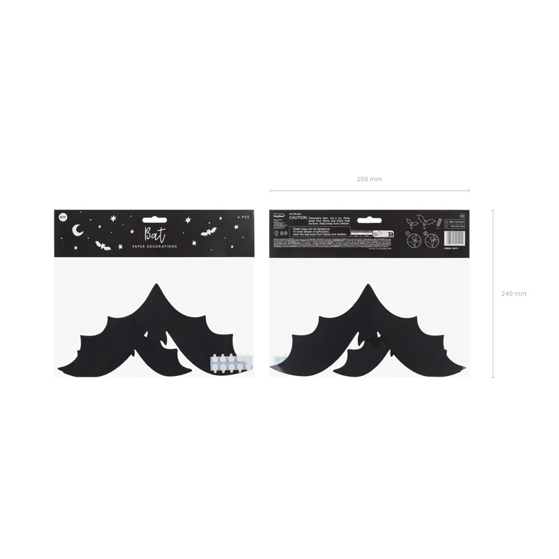 Pipistrelli neri in carta per decorazione, 6 pz, 19–29 cm