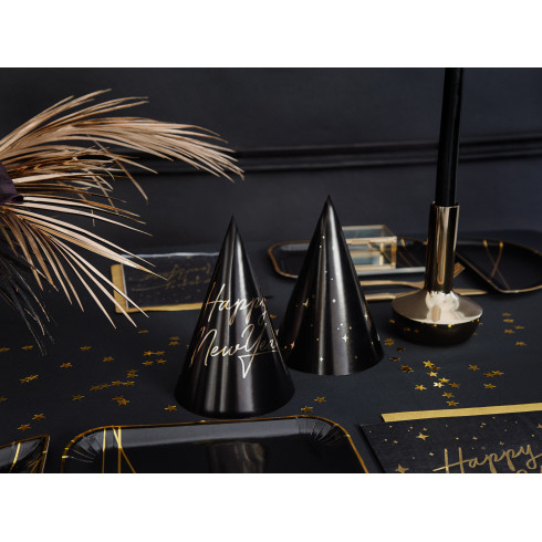 Papirnate zabavne kapice črne z zlatim motivom Silvestrovo 16 cm, 6 kosov