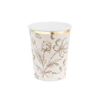 Papirnati kozarci v bež barvi s cvetličnim vzorcem in zlatim robom 220 ml, 6 kosov