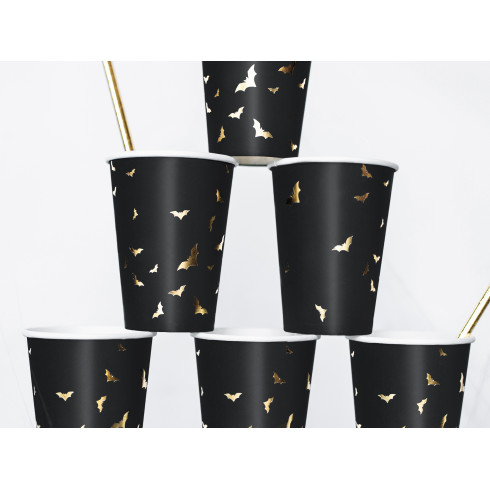 Halloween papír poharak fekete, arany denevérekkel, 220 ml, 6 db