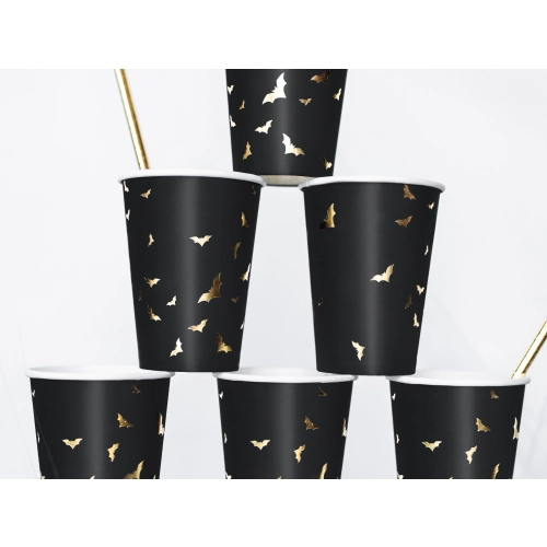 Pahare de hârtie Halloween negre cu lilieci aurii 220 ml, 6 buc.
