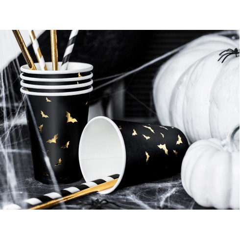 Halloween papír poharak fekete, arany denevérekkel, 220 ml, 6 db
