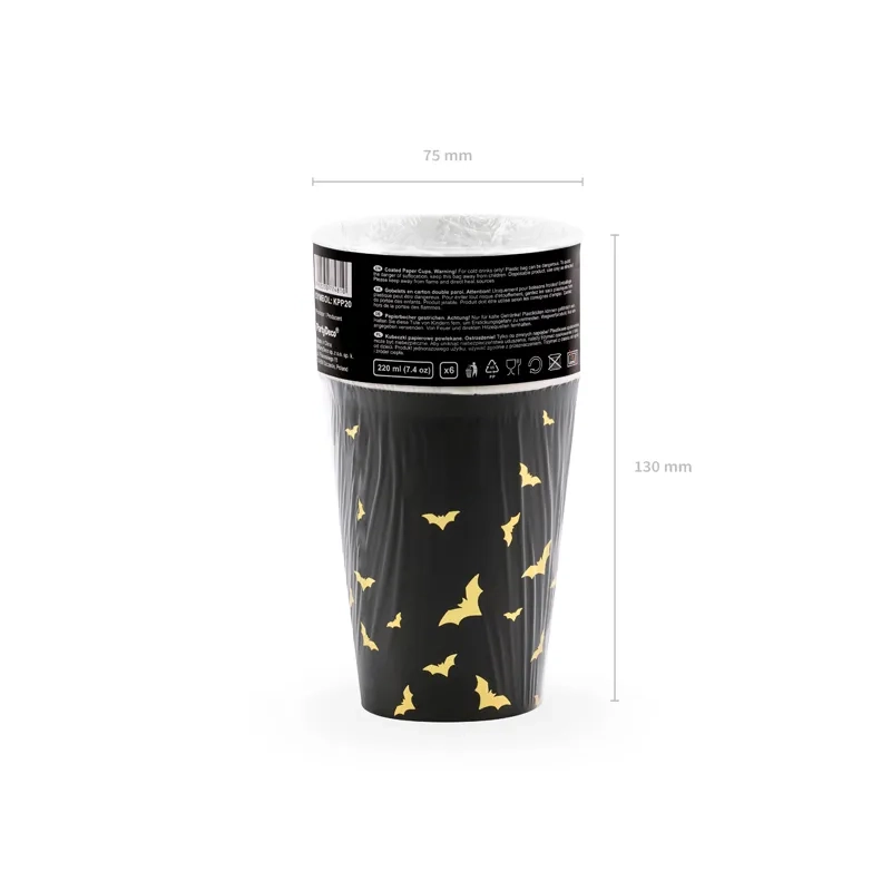 Pahare de hârtie Halloween negre cu lilieci aurii 220 ml, 6 buc.
