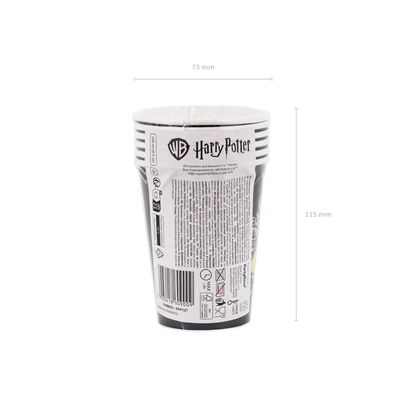 Pahare din hârtie Harry Potter cu stema Hogwarts, negre, 250 ml, 6 buc.