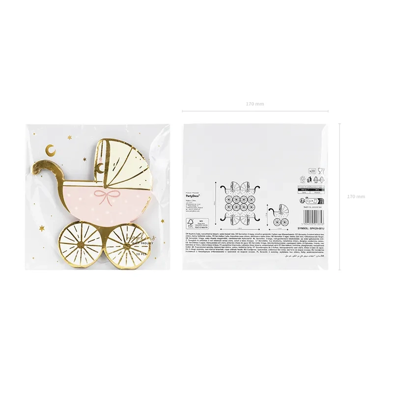 Șervețele din hârtie cu cărucior roz și motiv auriu, 20 buc.
