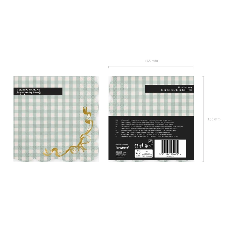 Șervețele de hârtie verzi în carouri cu fundă aurie, 33x33 cm, 12 buc.