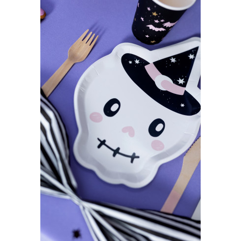 Papírtányérok Boszorkánykalapos Koponyával, 18x27 cm, 6 db