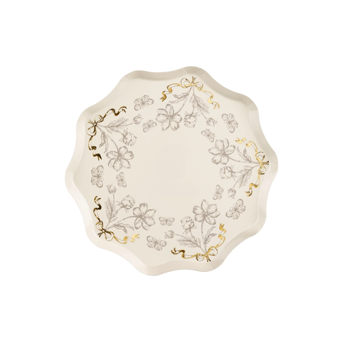Farfurii din hârtie bej cu flori și imprimeu auriu, 20 cm, 6 buc.