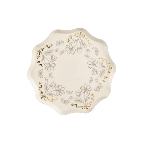 Papierové tanieriky béžové s kvetmi a zlatou potlačou 20 cm, 6 ks