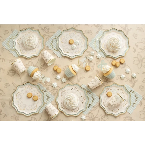 Papírtányérok bézs színben virágmintával és arany nyomattal, 20 cm, 6 db