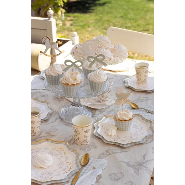 Farfurii din hârtie bej cu flori și imprimeu auriu, 20 cm, 6 buc.